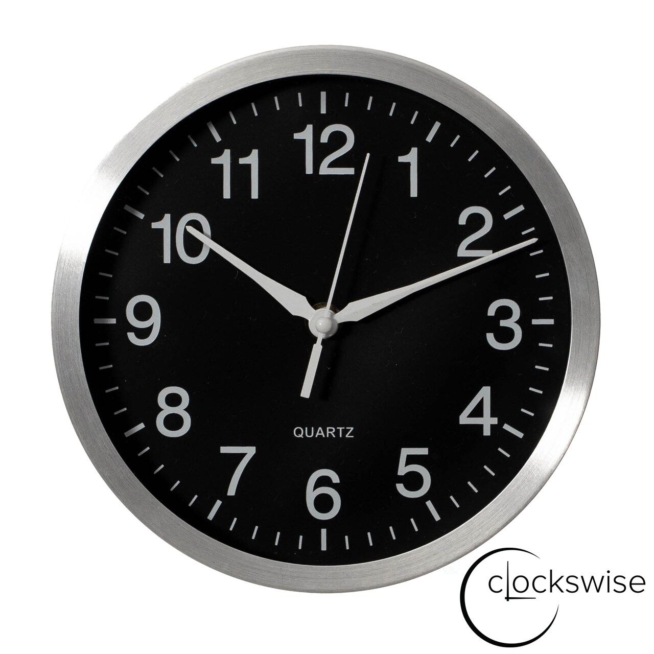 Clockswise Round Quartz Wall Clock Non-Ticking Battery Operated with Silent Sweep Movement, Aluminum Silver Frame, Perfect for Home Kitchen Office Living Room Study Hallway Classroom, Black Face